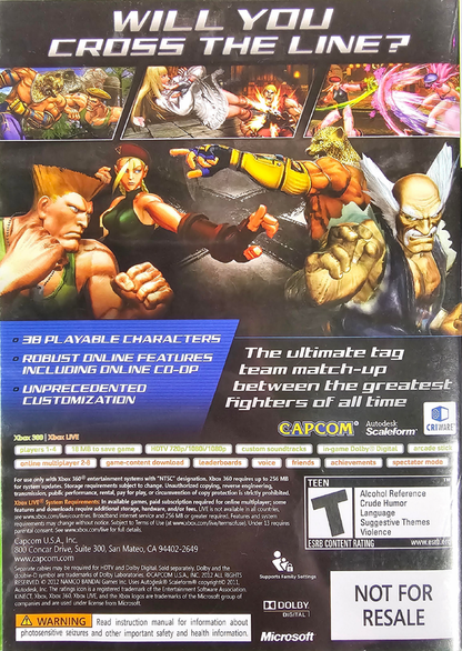 Street Fighter X Tekken Special Edition Xbox 360 X360 for fighting video game fans featuring Street Fighter and Tekken characters crossover battles Ryu Ken Chun Li Kazuya Jin intense 2D combat tag team matches special moves combos and competitive multiplayer gameplay collectible gaming appeal back cover art