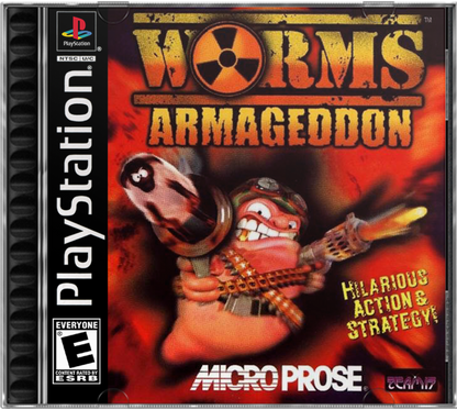 Worms Armageddon for PlayStation 1, cover image for a turn-based strategy video game with artillery combat, cartoon warfare, multiplayer battles, and classic tactical gameplay