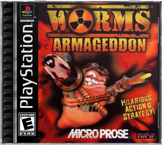 Worms Armageddon for PlayStation 1, cover image for a turn-based strategy video game with artillery combat, cartoon warfare, multiplayer battles, and classic tactical gameplay