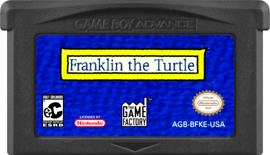 Game cartridge for 'Franklin the Turtle' on Game Boy Advance with branding and certification logos.