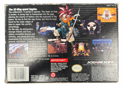Chrono Trigger Super Nintendo SNES complete in box original copy RPG classic Square Enix Squaresoft time travel adventure turn based combat JRPG authentic box manual cartridge collectible retro gaming Super Nintendo entertainment system game title back cover art