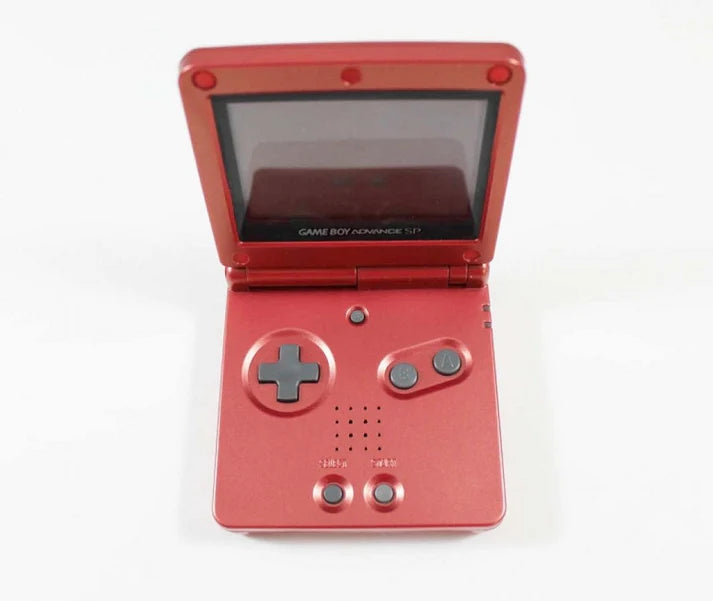 Red Game Boy Advance SP handheld gaming system featuring a red clamshell design with a frontlit or backlit screen rechargeable battery and compatibility with Game Boy Advance and Game Boy Color games top view of controls