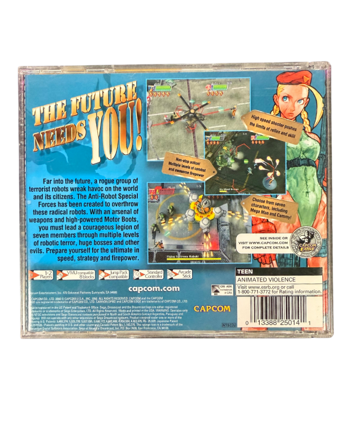 Cannon Spike Sega Dreamcast for action shooter video game fans featuring fast paced arena combat arcade style gameplay twin stick shooting iconic Capcom characters cooperative multiplayer intense boss battles futuristic sci fi action colorful graphics collectible gaming appeal back cover art
