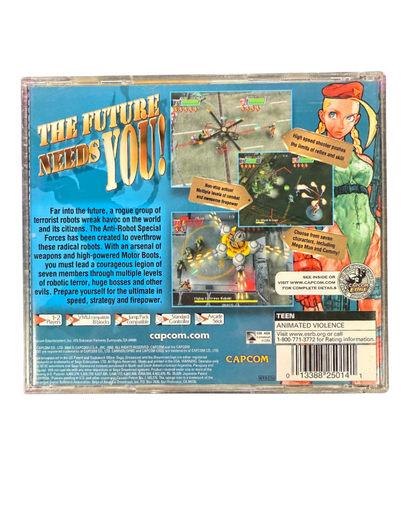 Cannon Spike Sega Dreamcast for action shooter video game fans featuring fast paced arena combat arcade style gameplay twin stick shooting iconic Capcom characters cooperative multiplayer intense boss battles futuristic sci fi action colorful graphics collectible gaming appeal back cover art