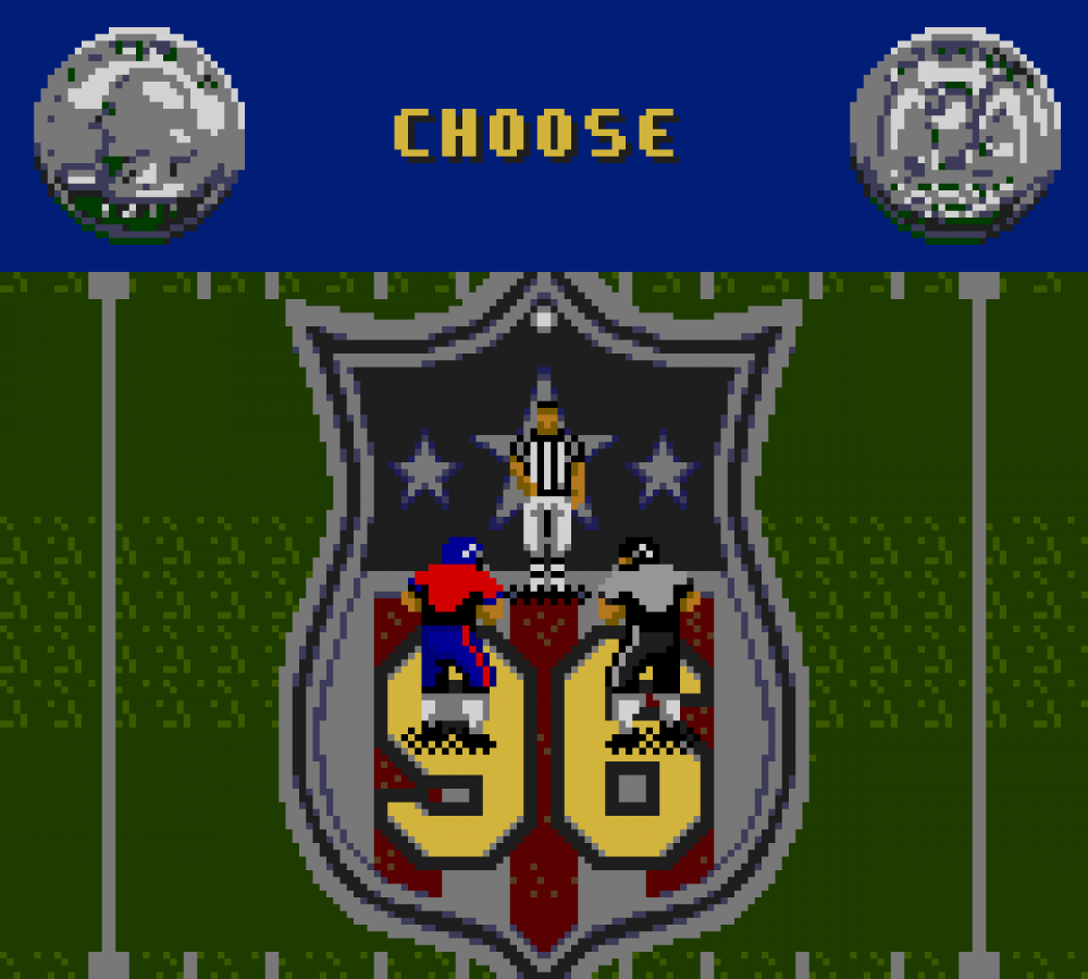 Madden NFL 96 for Super Nintendo Entertainment System with classic 16-bit football simulation theme coin toss