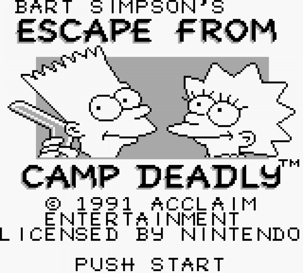 Bart Simpson's Escape from Camp Deadly Nintendo Game Boy GB for action platformer retro video game fans featuring Bart Simpson adventure side scrolling gameplay camp exploration cartoon inspired challenges enemy encounters classic handheld gaming collectible gaming appeal title screen
