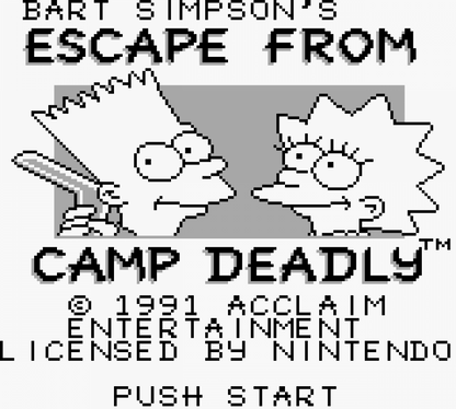 Bart Simpson's Escape from Camp Deadly Nintendo Game Boy GB for action platformer retro video game fans featuring Bart Simpson adventure side scrolling gameplay camp exploration cartoon inspired challenges enemy encounters classic handheld gaming collectible gaming appeal title screen