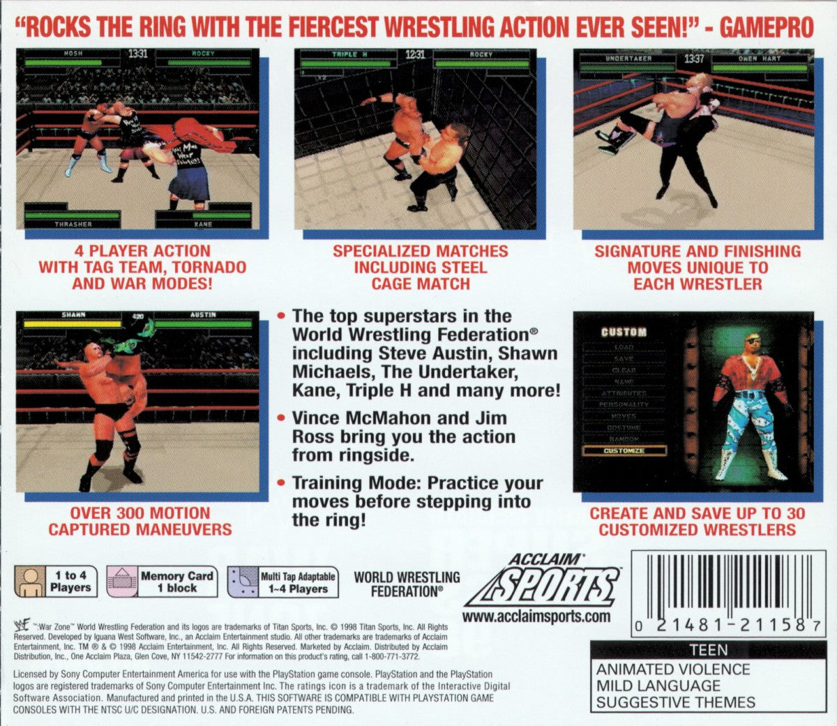 WWF War Zone game for the PlayStation featuring professional wrestling gameplay with a roster of WWF superstars create a wrestler mode multiple match types and arcade style combat based on late 90s wrestling entertainment back cover art