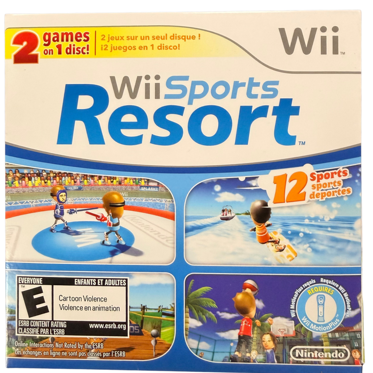 Wii Sports and Wii Sports Resort 2 in 1 Nintendo Wii Wii video game collection featuring sports gameplay tennis bowling golf baseball boxing swordplay wakeboarding archery and cycling activities Wii Remote motion control multiplayer fun and classic Nintendo Wii gaming retro video game collection collectible gaming appeal cover art
