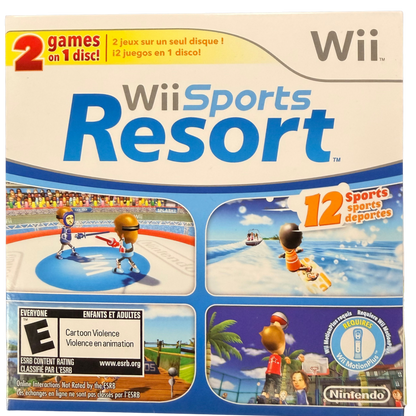 Wii Sports and Wii Sports Resort 2 in 1 Nintendo Wii Wii video game collection featuring sports gameplay tennis bowling golf baseball boxing swordplay wakeboarding archery and cycling activities Wii Remote motion control multiplayer fun and classic Nintendo Wii gaming retro video game collection collectible gaming appeal cover art