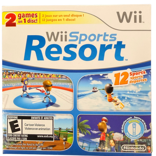 Wii Sports and Wii Sports Resort 2 in 1 Nintendo Wii Wii video game collection featuring sports gameplay tennis bowling golf baseball boxing swordplay wakeboarding archery and cycling activities Wii Remote motion control multiplayer fun and classic Nintendo Wii gaming retro video game collection collectible gaming appeal cover art