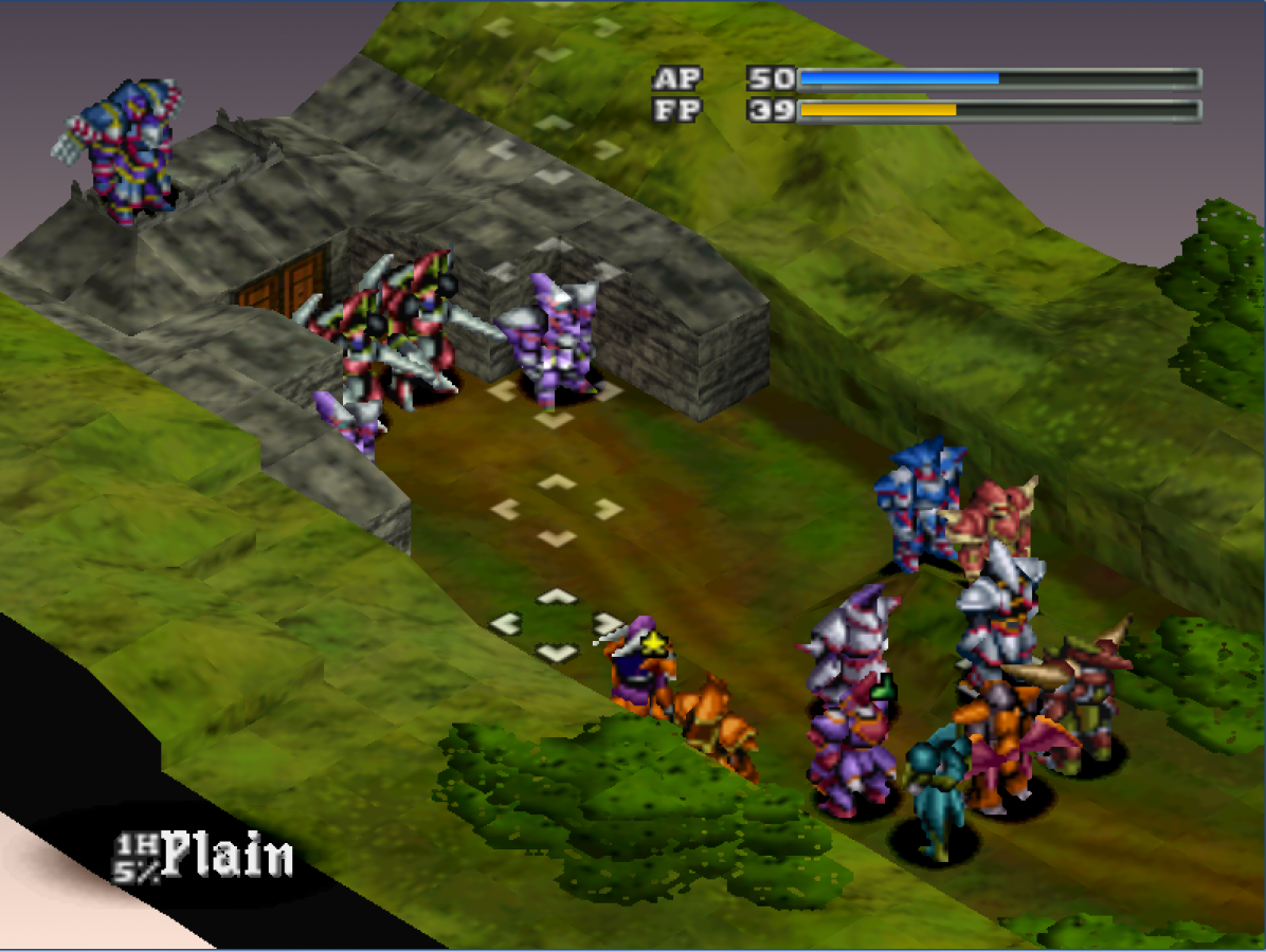 Vanguard Bandits PS1 tactical RPG strategy role playing game giant mech combat turn based battles anime fantasy storyline multiple endings Working Designs localization grid based warfare retro gaming PlayStation software video game title gameplay