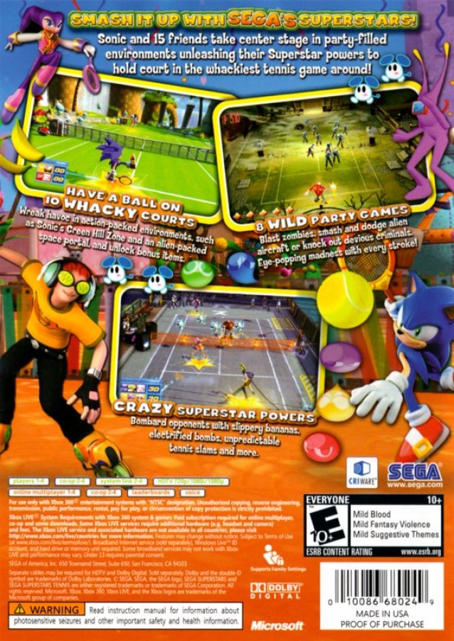 Sega Superstars Tennis back of case for Xbox 360 (X360) sports tennis video game