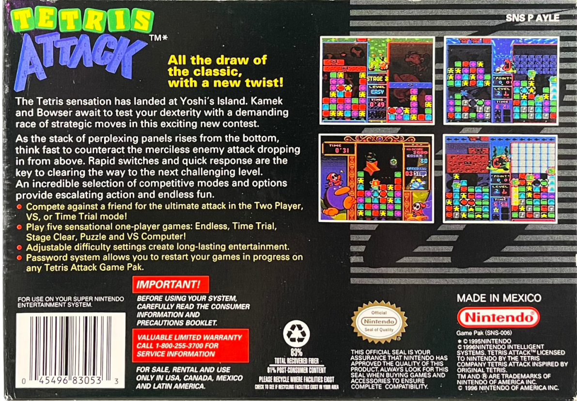 Tetris Attack Super Nintendo SNES puzzle game tile matching panel de pon style gameplay fast paced competitive versus mode Yoshi Nintendo classic retro 16 bit gaming Super Nintendo Entertainment System software video game title gameplay back cover 
