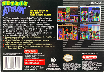 Tetris Attack Super Nintendo SNES puzzle game tile matching panel de pon style gameplay fast paced competitive versus mode Yoshi Nintendo classic retro 16 bit gaming Super Nintendo Entertainment System software video game title gameplay back cover 