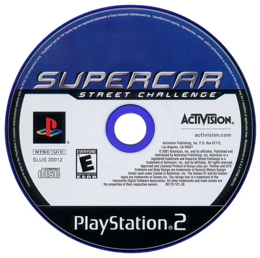 Supercar Street Challenge – PlayStation 2 (PS2) video game disc, street racing simulation.