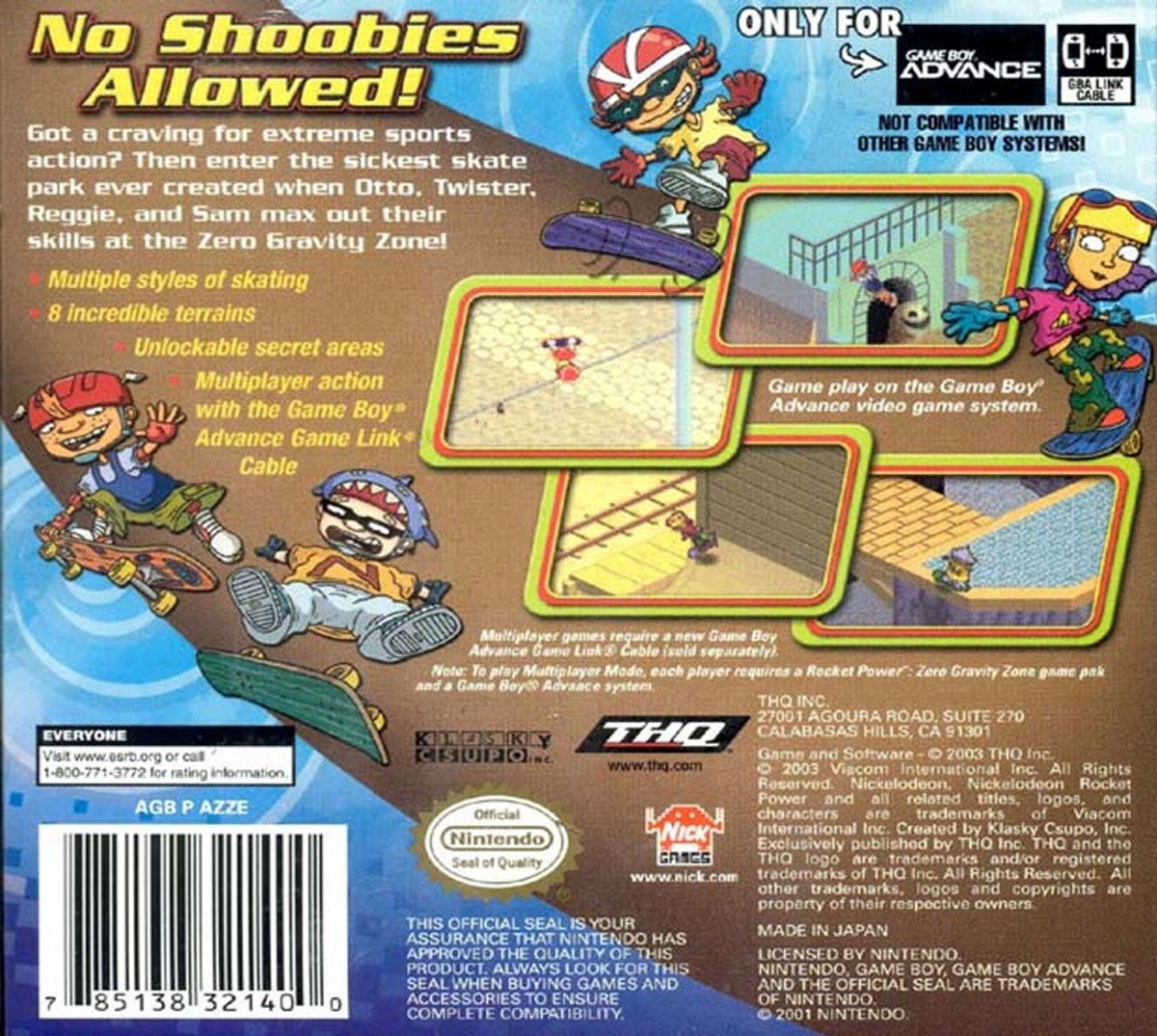 Rocket Power Zero Gravity Zone Game Boy Advance GBA video game, action sports platformer, Nickelodeon cartoon-based gameplay, handheld console title back cover art