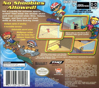 Rocket Power Zero Gravity Zone Game Boy Advance GBA video game, action sports platformer, Nickelodeon cartoon-based gameplay, handheld console title back cover art