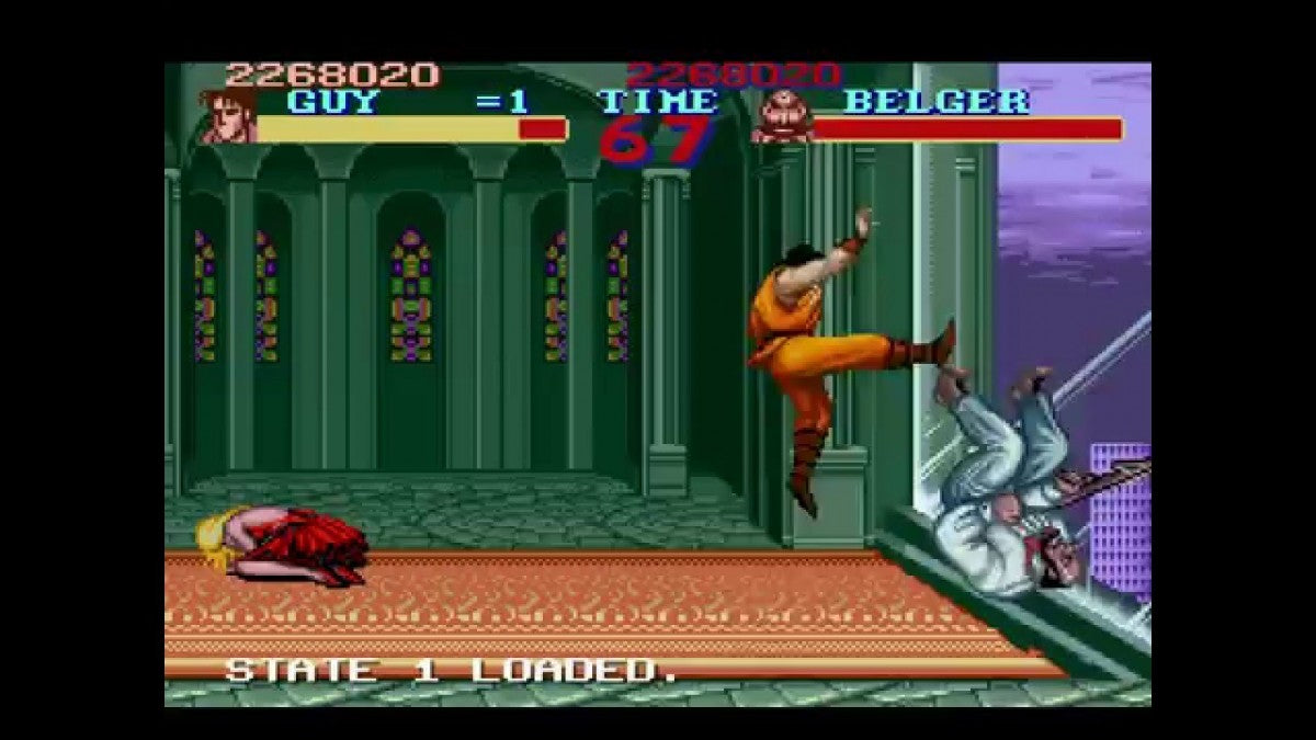 Final Fight Super Nintendo Entertainment System SNES side-scrolling beat em up arcade brawler video game featuring Mike Haggar Cody and Guy against the Mad Gear Gang with multiple stages and two-player cooperative action gameplay screenshot