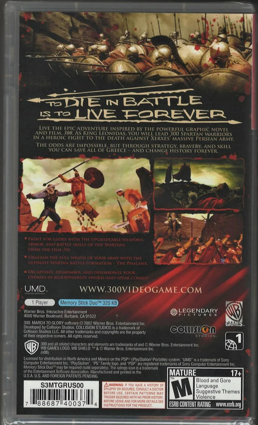 300 March to Glory Greatest Hits PlayStation Portable inspired design featuring ancient Spartan warrior action aesthetic epic battlefield combat mythic Greek warfare cinematic hack and slash gameplay heroic last stand atmosphere handheld gaming presentation back cover