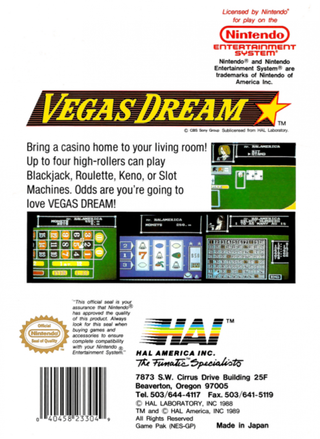 Vegas Dream back of box for Nintendo Entertainment System (NES) retro video game
