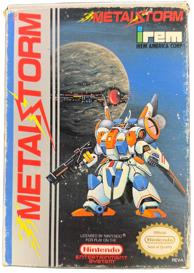 Metal Storm Nintendo Entertainment System NES for retro video game enthusiasts featuring side scrolling action platforming gameplay gravity switching mechanics futuristic robot combat challenging sci fi levels precision platforming and collectible gaming appeal cover art