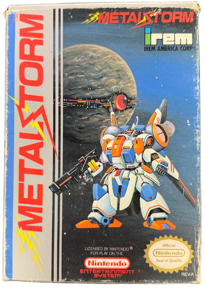 Metal Storm Nintendo Entertainment System NES for retro video game enthusiasts featuring side scrolling action platforming gameplay gravity switching mechanics futuristic robot combat challenging sci fi levels precision platforming and collectible gaming appeal cover art