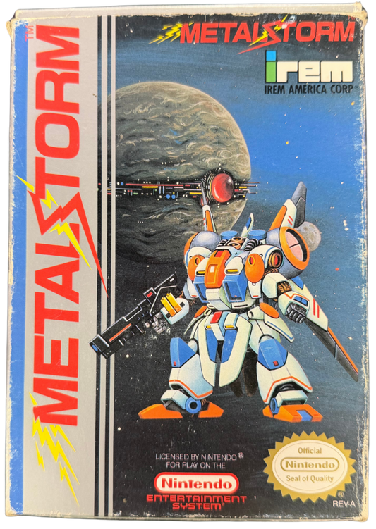 Metal Storm Nintendo Entertainment System NES for retro video game enthusiasts featuring side scrolling action platforming gameplay gravity switching mechanics futuristic robot combat challenging sci fi levels precision platforming and collectible gaming appeal cover art