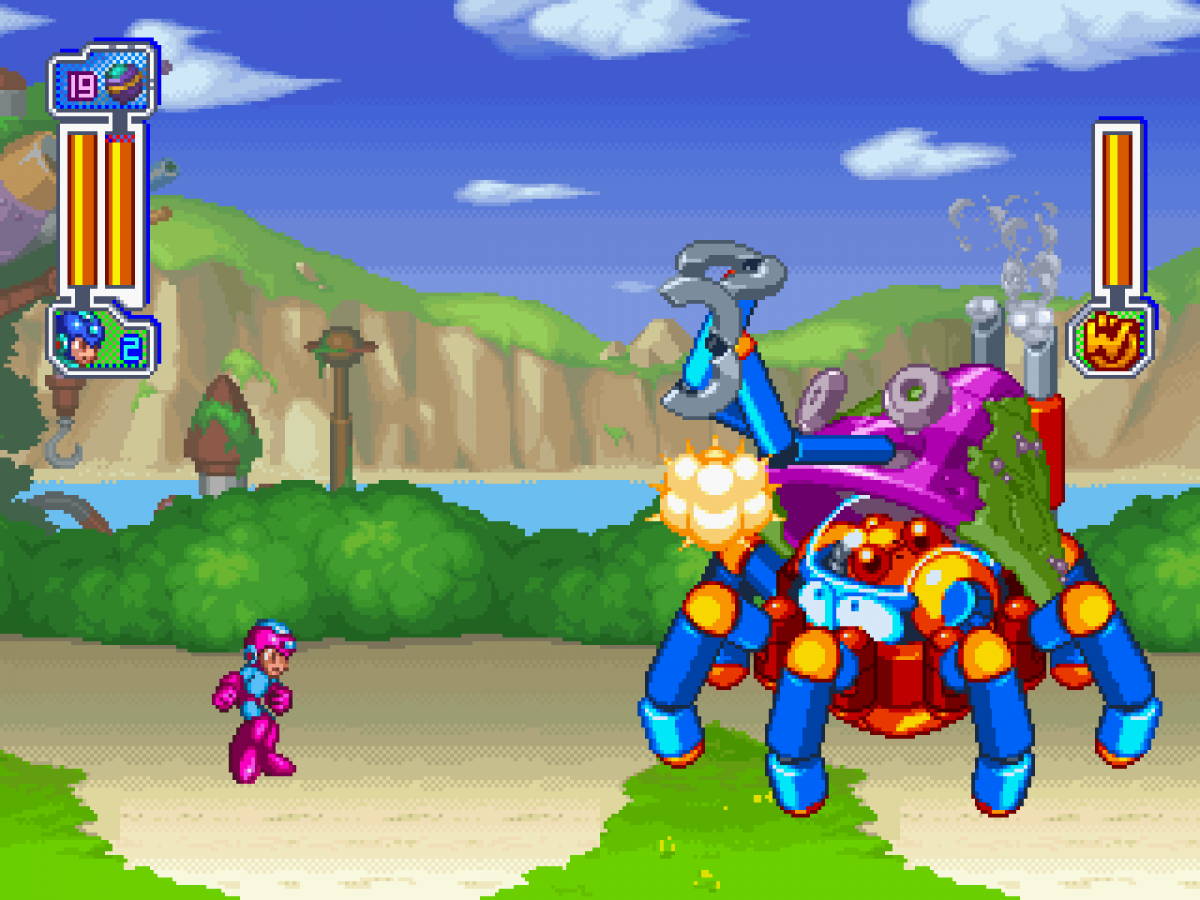 Retro Mega Man 8 Anniversary Collectors Edition inspired design featuring classic Capcom platformer action aesthetic vintage PlayStation era robot masters Dr Wily futuristic 2D side scrolling gameplay nostalgic blue bomber adventure gameplay
