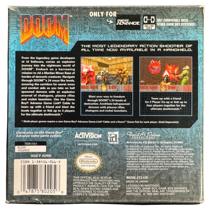 Doom CIB Nintendo Game Boy Advance GBA video game featuring classic first person shooter gameplay demon combat weapons action packed levels Mars exploration intense enemy encounters and retro shooting action complete in box CIB edition Game Boy Advance collection collectible gaming appeal back cover art