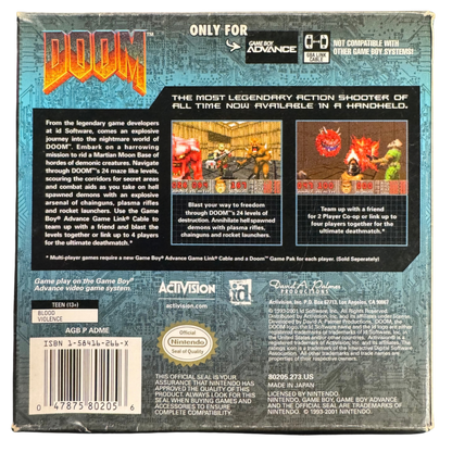 Doom CIB Nintendo Game Boy Advance GBA video game featuring classic first person shooter gameplay demon combat weapons action packed levels Mars exploration intense enemy encounters and retro shooting action complete in box CIB edition Game Boy Advance collection collectible gaming appeal back cover art