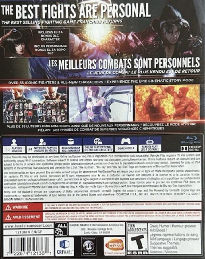 Tekken 7 – PlayStation 4 (PS4) video game back of case, fighting game