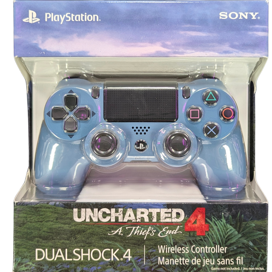 PS4 DualShock 4 Uncharted 4: A Thief's End Controller [New] for PlayStation 4 Accessory (PS4) at Gamers INC, featuring the limited edition Gray Blue finish with the iconic gold Uncharted logo, offering precise control with refined analog sticks and triggers, built-in speaker, and integrated light bar in a brand-new, collectible condition perfect for fans of Nathan Drake’s final adventure front of box