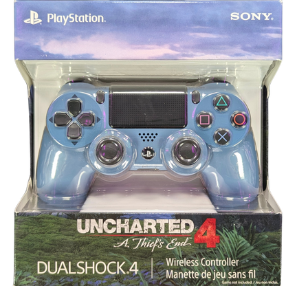 PS4 DualShock 4 Uncharted 4: A Thief's End Controller [New] for PlayStation 4 Accessory (PS4) at Gamers INC, featuring the limited edition Gray Blue finish with the iconic gold Uncharted logo, offering precise control with refined analog sticks and triggers, built-in speaker, and integrated light bar in a brand-new, collectible condition perfect for fans of Nathan Drake’s final adventure front of box