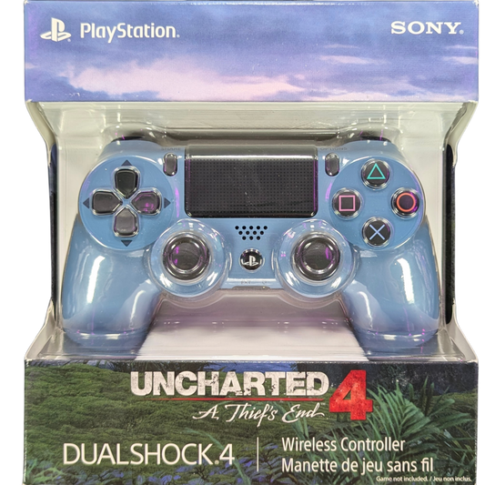 PS4 DualShock 4 Uncharted 4: A Thief's End Controller [New] for PlayStation 4 Accessory (PS4) at Gamers INC, featuring the limited edition Gray Blue finish with the iconic gold Uncharted logo, offering precise control with refined analog sticks and triggers, built-in speaker, and integrated light bar in a brand-new, collectible condition perfect for fans of Nathan Drake’s final adventure front of box
