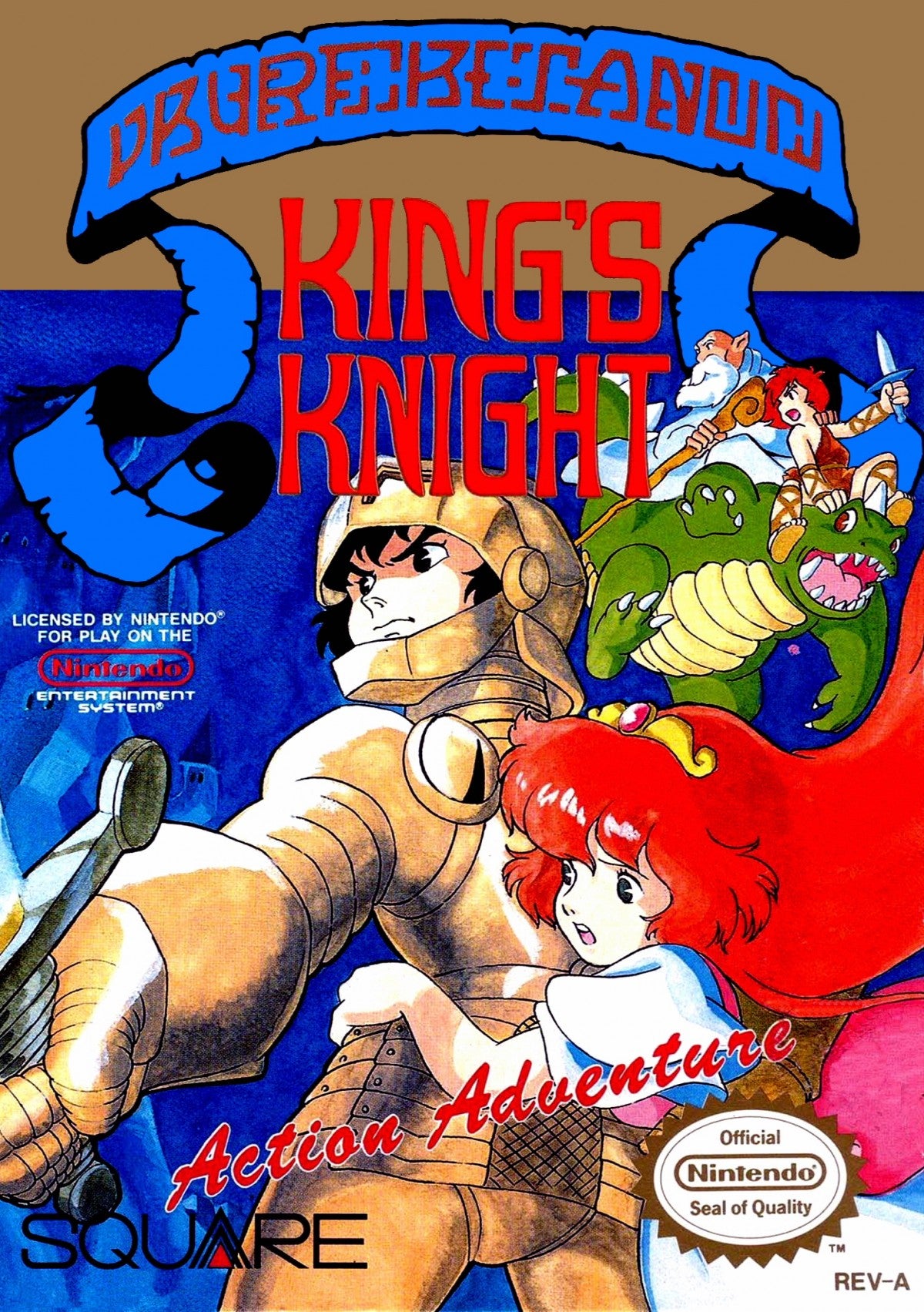 King's Knight Nintendo Entertainment System NES for scrolling shooter video game fans featuring vertical shooting action fantasy heroes cooperative inspired gameplay challenging enemy waves magical abilities classic Square adventure retro Nintendo gaming collectible gaming appeal cover art