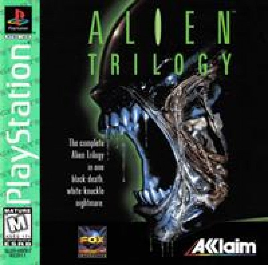 Alien Trilogy Greatest Hits PlayStation 1 PS1 for first person shooter and survival horror video game fans featuring Xenomorph aliens dark atmospheric environments intense combat weapons exploration challenging missions and classic sci fi horror gameplay collectible retro Sony PlayStation gaming appeal front