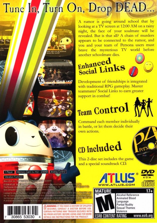 Shin Megami Tensei: Persona 4 [Includes Bonus Disc] – PlayStation 2 (PS2) video game back of case, Japanese role-playing game (JRPG).