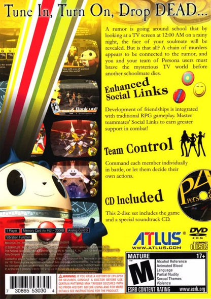 Shin Megami Tensei: Persona 4 [Includes Bonus Disc] – PlayStation 2 (PS2) video game back of case, Japanese role-playing game (JRPG).