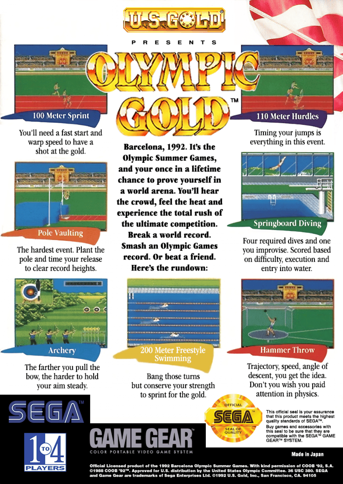 Olympic Gold Barcelona 92 back cover art for Sega Game Gear (GG) video game