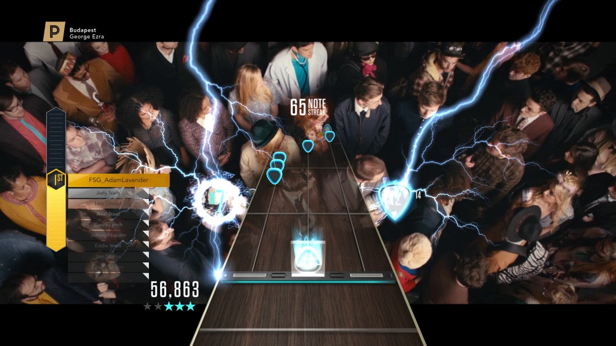 Guitar Hero Live Xbox 360 rhythm music video game franchise reboot redesigned 6-button guitar controller GH Live first-person FMV concert crowds reactive audience GHTV playable music video network streaming song library competitive leaderboards gameplay screenshot
