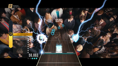 Guitar Hero Live Xbox 360 rhythm music video game franchise reboot redesigned 6-button guitar controller GH Live first-person FMV concert crowds reactive audience GHTV playable music video network streaming song library competitive leaderboards gameplay screenshot