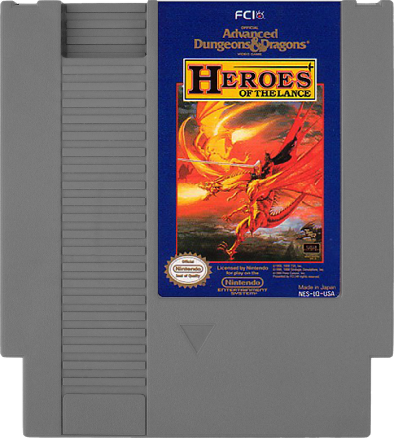Heroes of the Lance Nintendo Entertainment System NES video game featuring fantasy role playing gameplay Dragonlance characters dungeon exploration party combat magic spells enemy battles and classic 8 bit adventure retro video game collection collectible gaming appeal cartridge