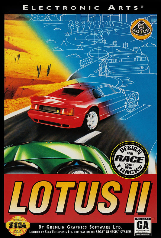 Lotus II for Sega Genesis, cover image for a racing video game with high-speed driving, arcade-style road racing, exotic sports cars, and classic competitive gameplay