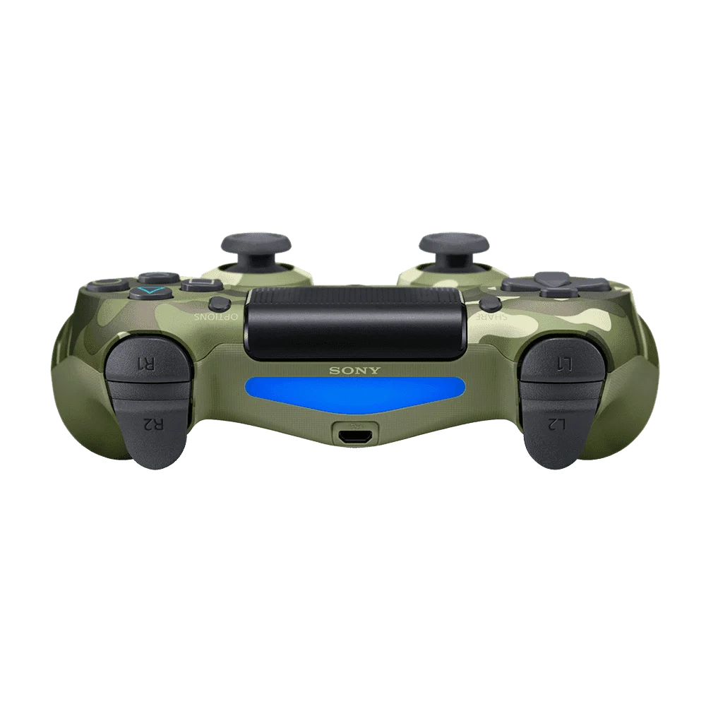 DualShock 4 Camo Green inspired design featuring wireless PlayStation controller aesthetic military camouflage finish ergonomic gaming controls precision thumbsticks responsive triggers modern console gaming accessory presentation top