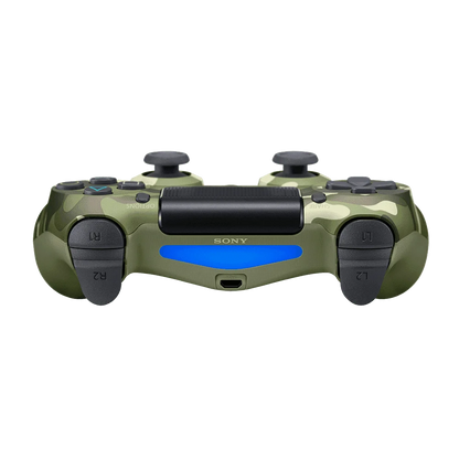 DualShock 4 Camo Green inspired design featuring wireless PlayStation controller aesthetic military camouflage finish ergonomic gaming controls precision thumbsticks responsive triggers modern console gaming accessory presentation top
