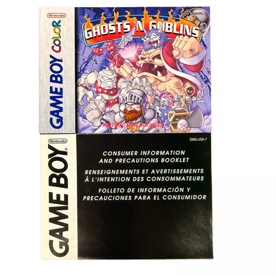 Ghosts n Goblins Game Boy Color GBC video game featuring action platforming gameplay Arthur knight adventure monster battles haunted environments weapon attacks challenging levels boss fights and classic handheld arcade action retro video game collection collectible gaming appeal manual and precaution booklet