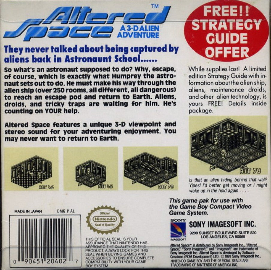 Altered Space Nintendo Game Boy GB for sci fi action platformer retro video game fans featuring alien worlds futuristic environments side scrolling gameplay challenging platforming arcade style action exploration intense combat collectible gaming appeal back of box