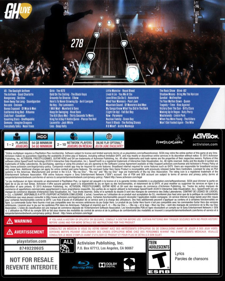 Guitar Hero Live – PlayStation 4 (PS4) video game back of case, music rhythm game 