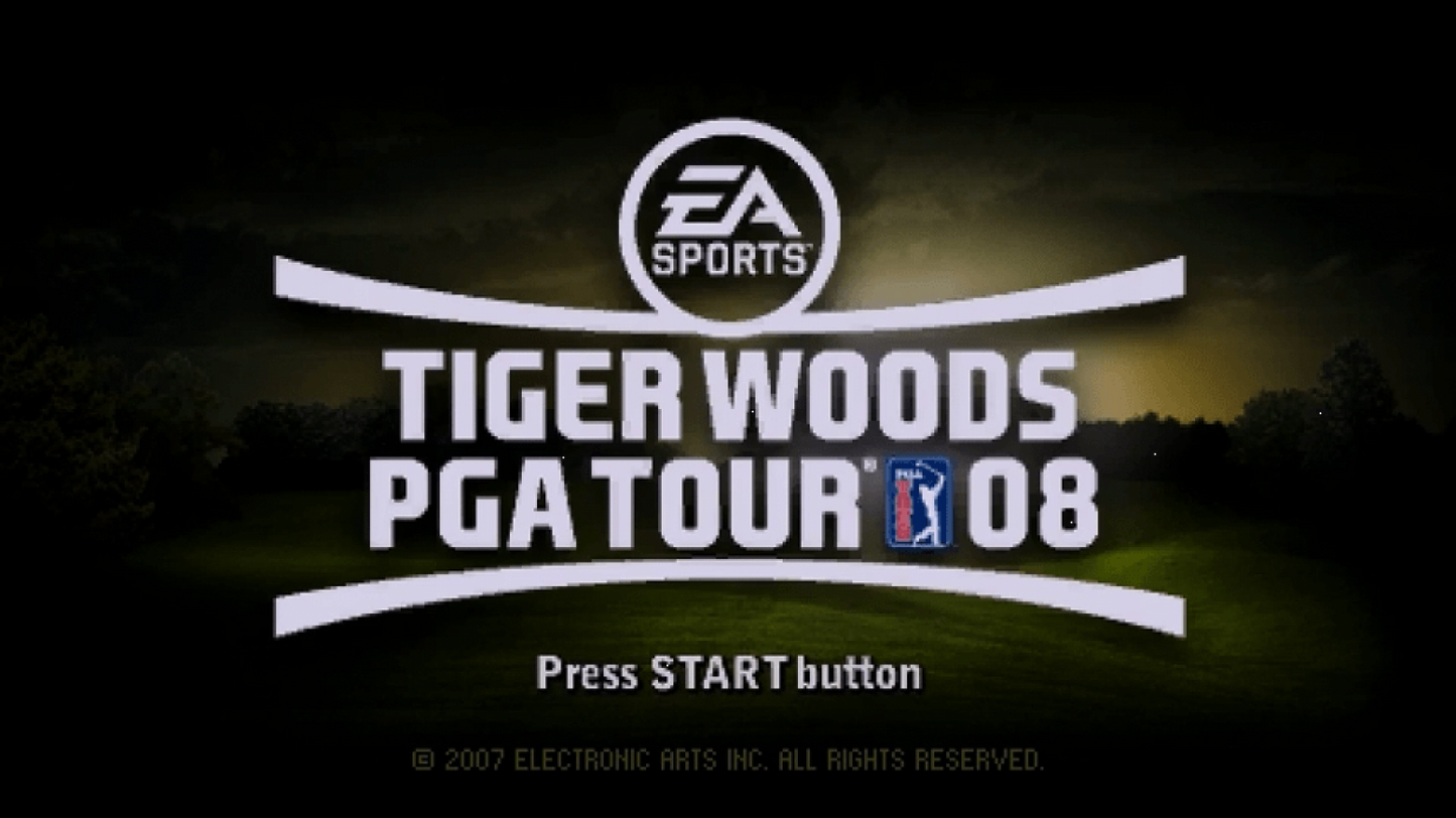 Tiger Woods PGA Tour 08 start screen for PlayStation Portable (PSP) golf sports game